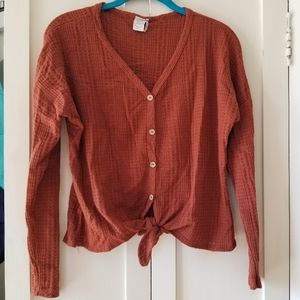Waffle knit v neck button sweater